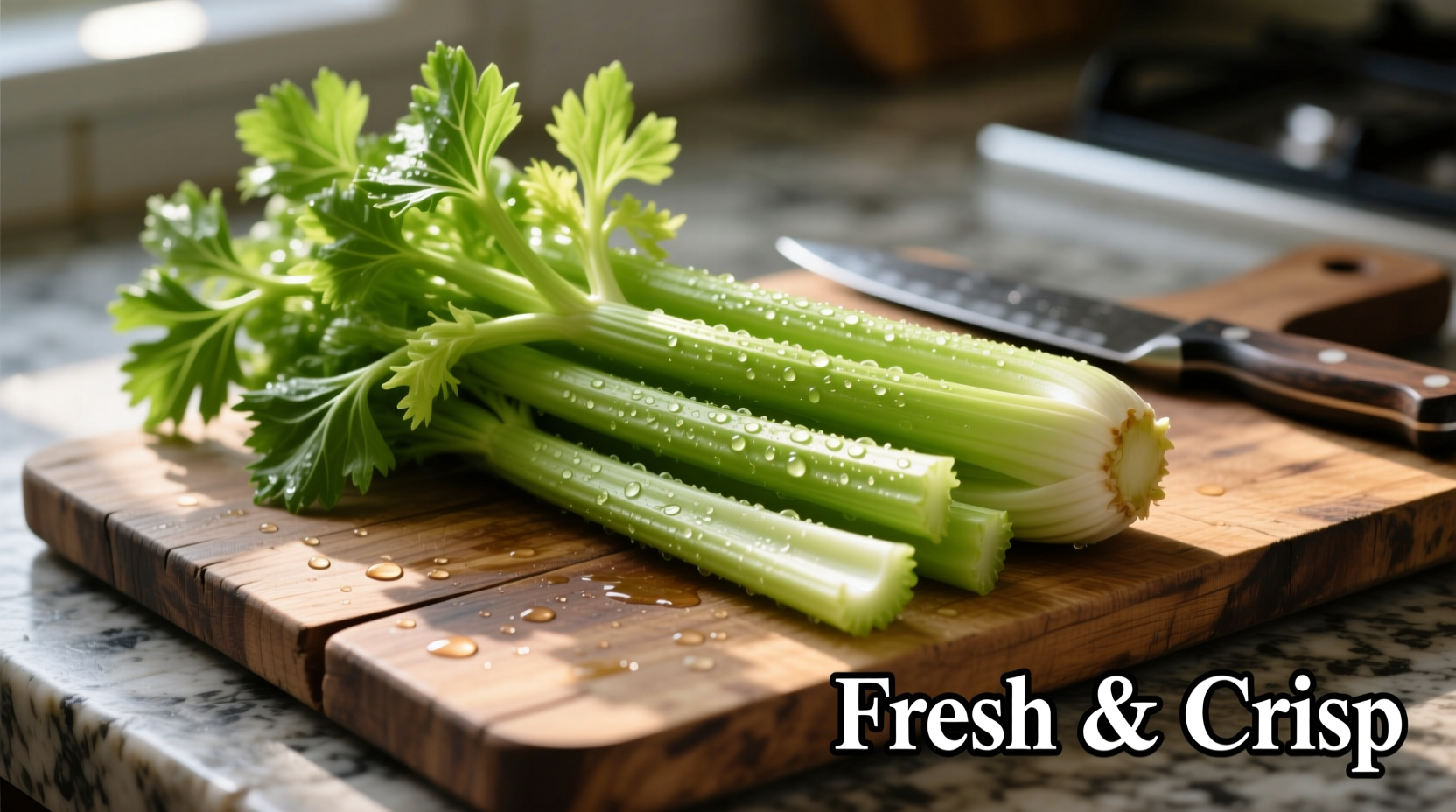 Fresh celery ribs with leaves on wooden cutting board