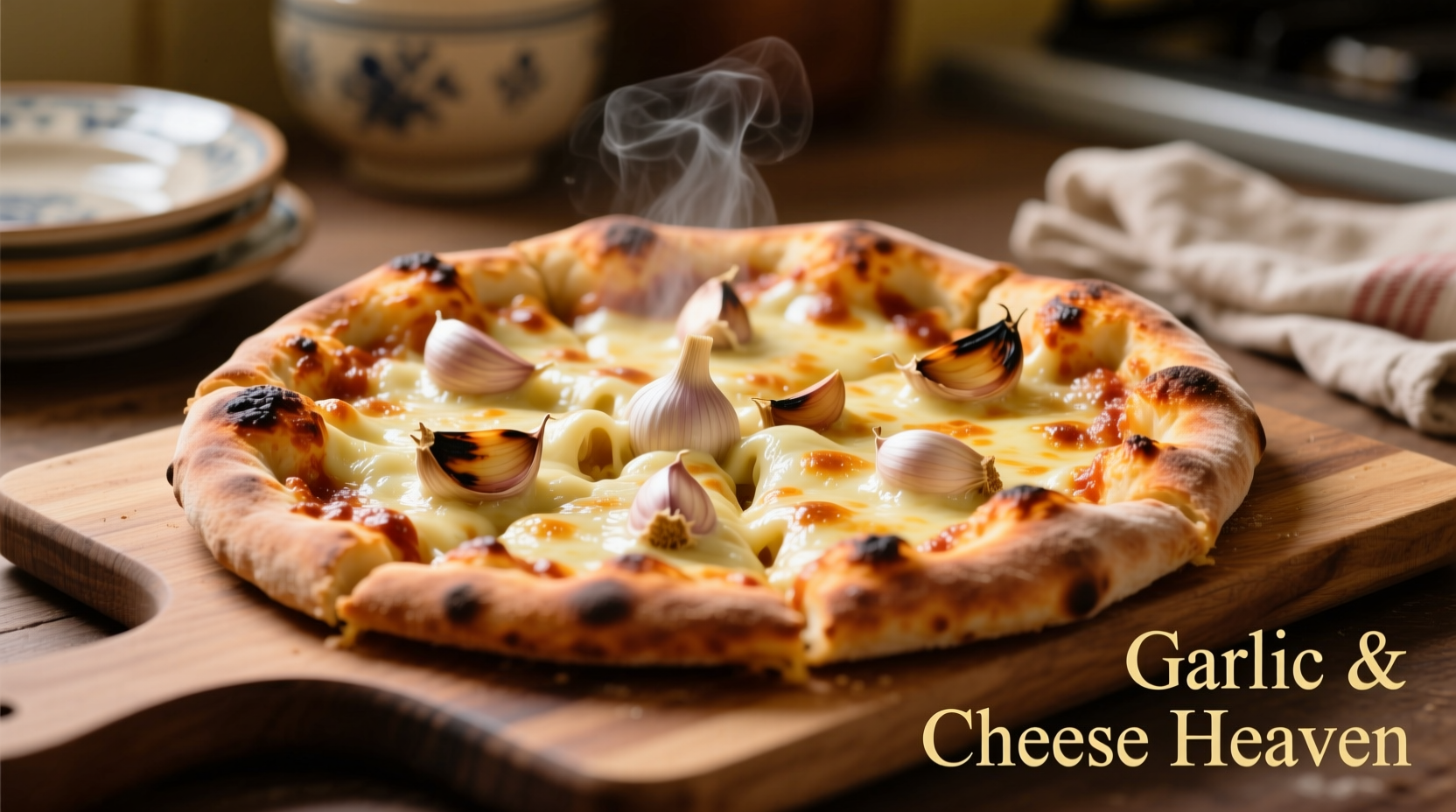 Freshly baked garlic stuffed crust pizza with melted cheese oozing from the edges