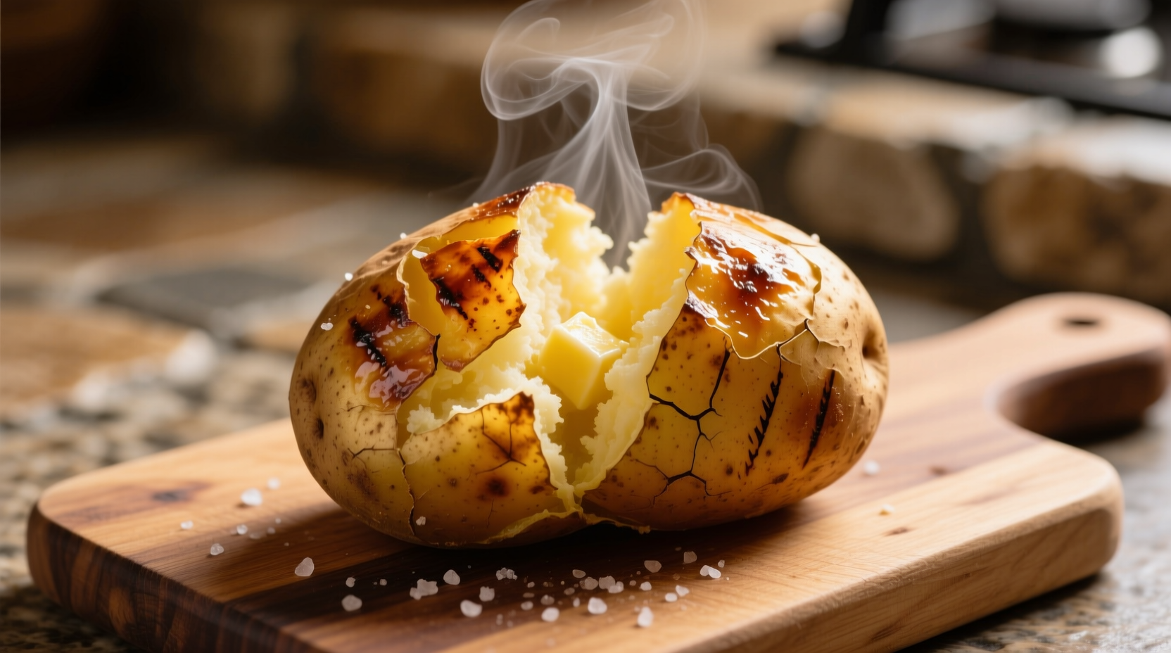 Perfect golden baked potato with steam rising