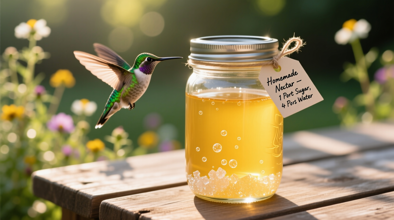 Homemade hummingbird nectar in clear glass container
