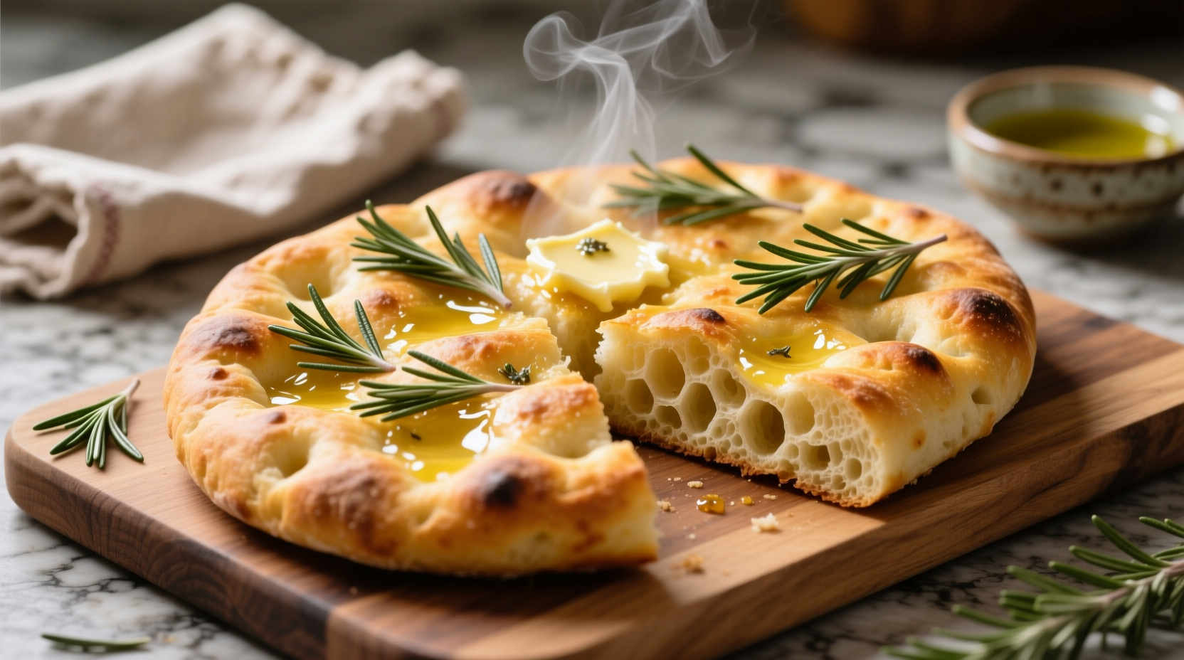 Golden garlic bread focaccia with rosemary sprigs
