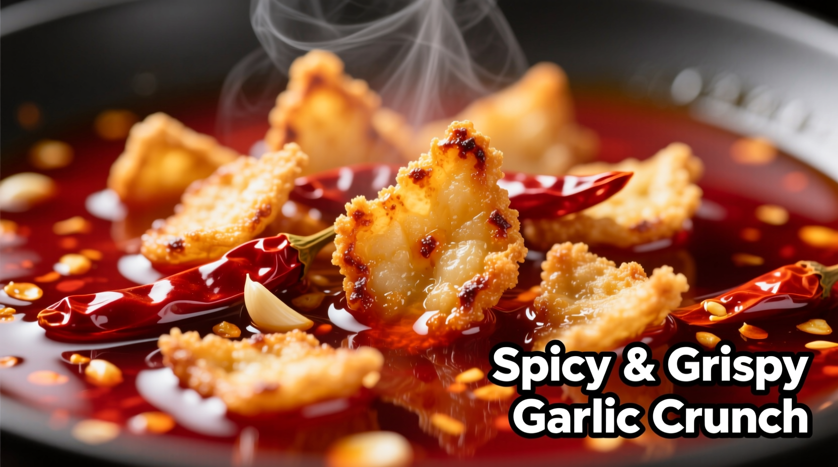 Golden crunchy garlic bits in red chili oil