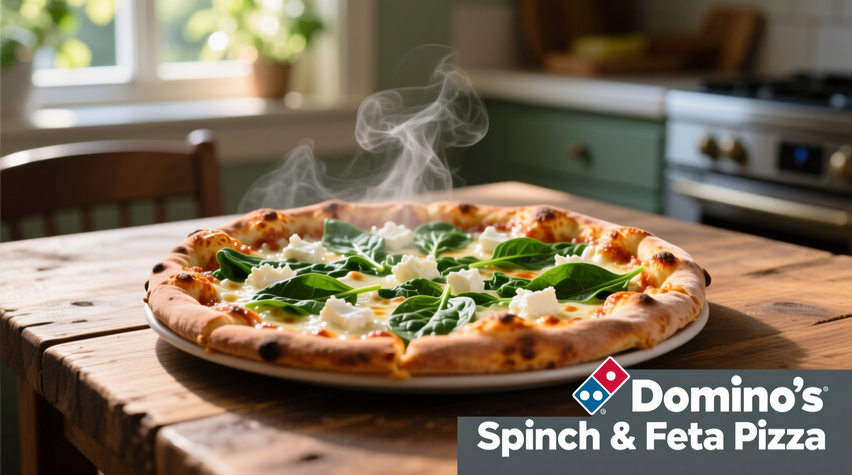 Domino's Spinach & Feta Pizza on wooden table