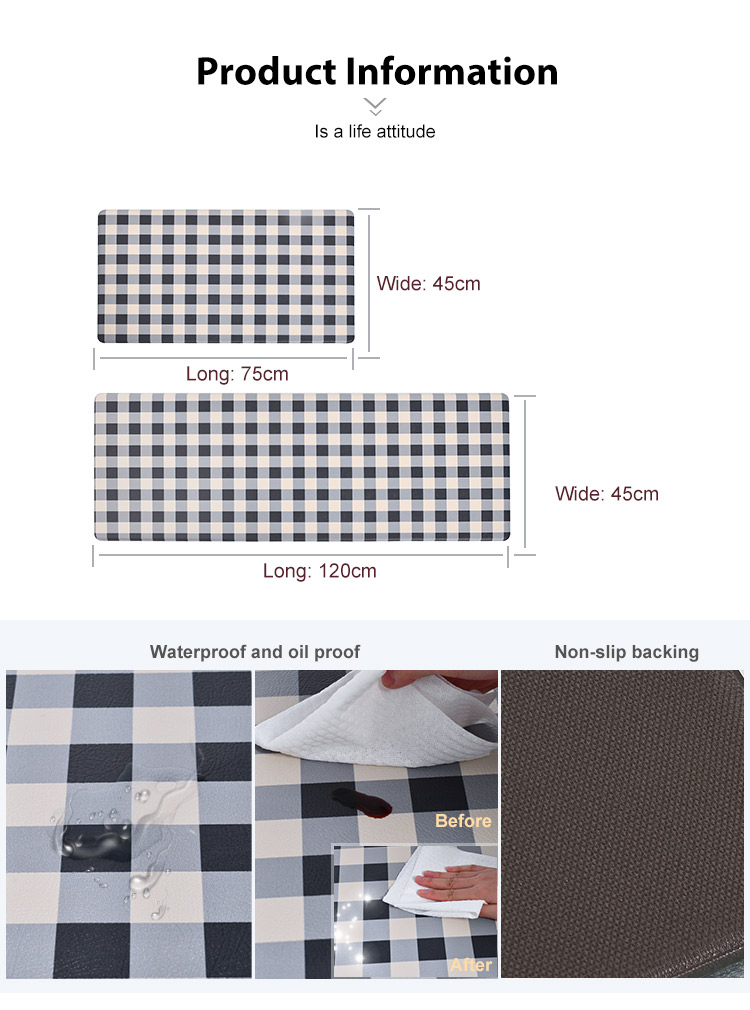 Shinnwa black and white check buffalo plaid mat waterproof pvc foam anti fatigue kitchen floor mat set for door