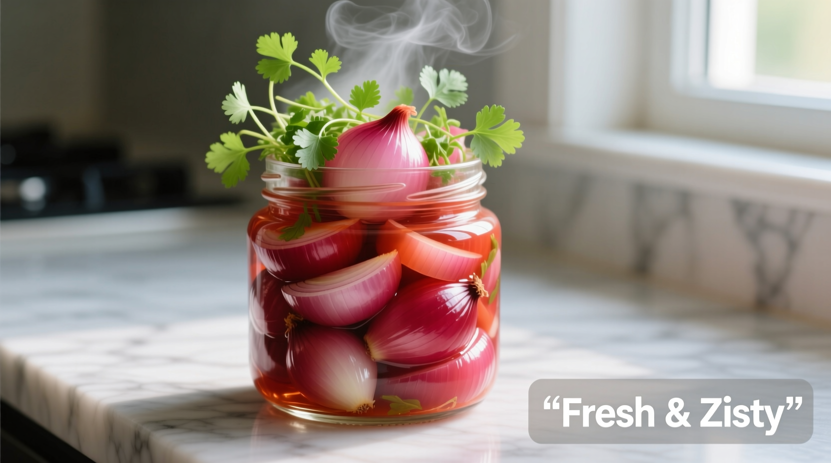 Vibrant red pickled onions in glass jar with fresh cilantro
