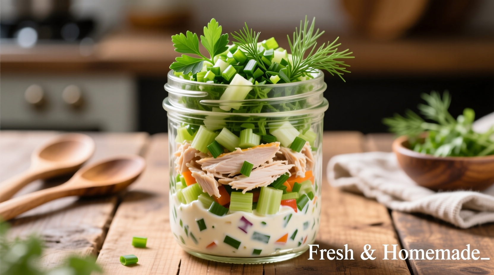 Creamy chicken salad in mason jar with herbs