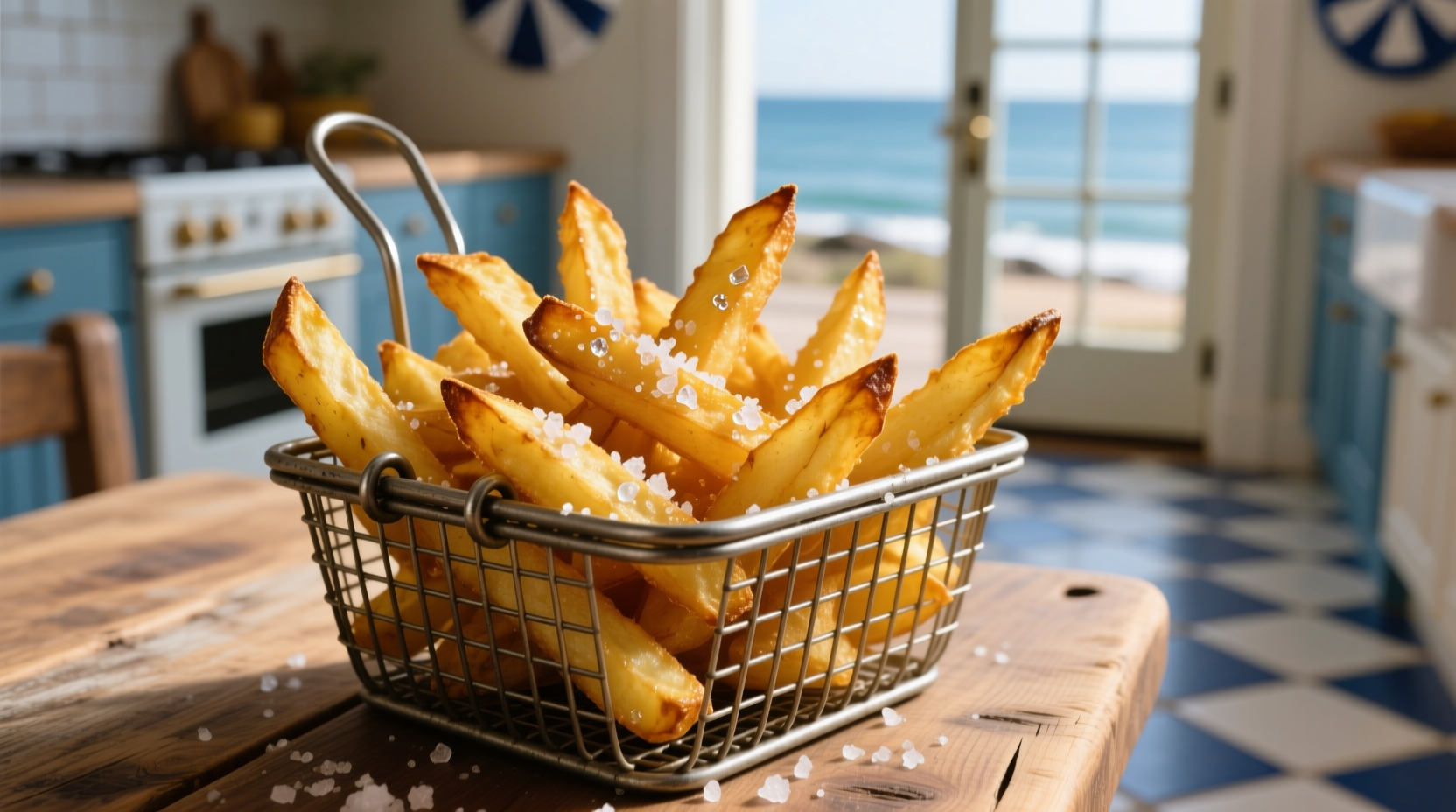 Golden potato patch fries in a metal basket with sea salt