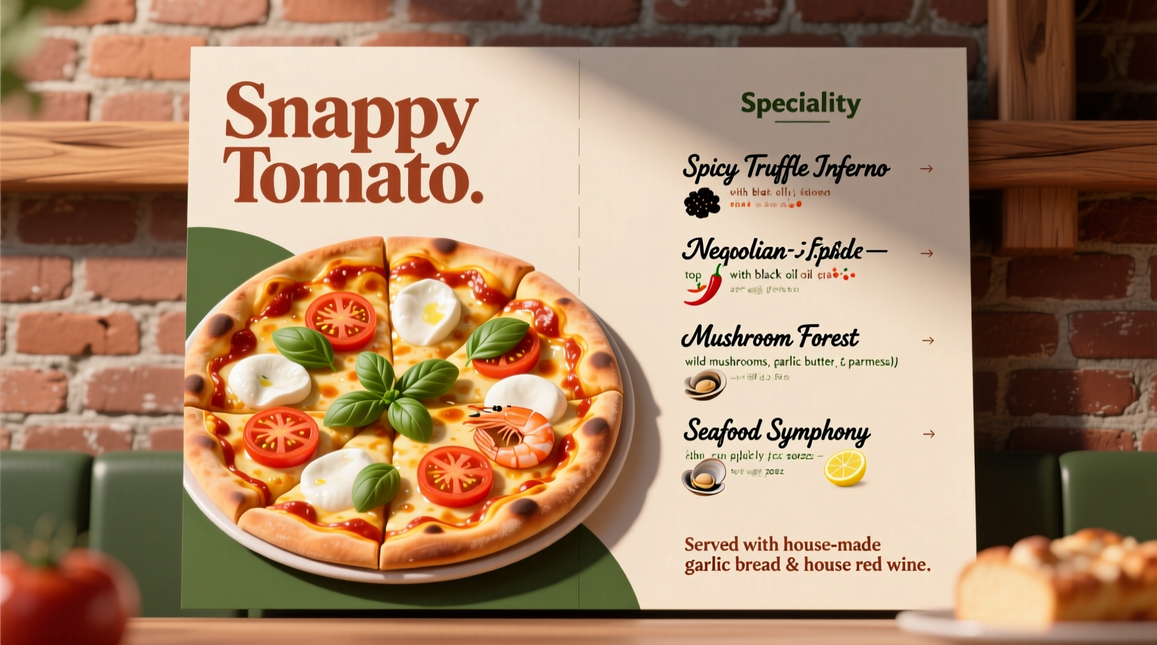 Snappy Tomato pizza menu with specialty items