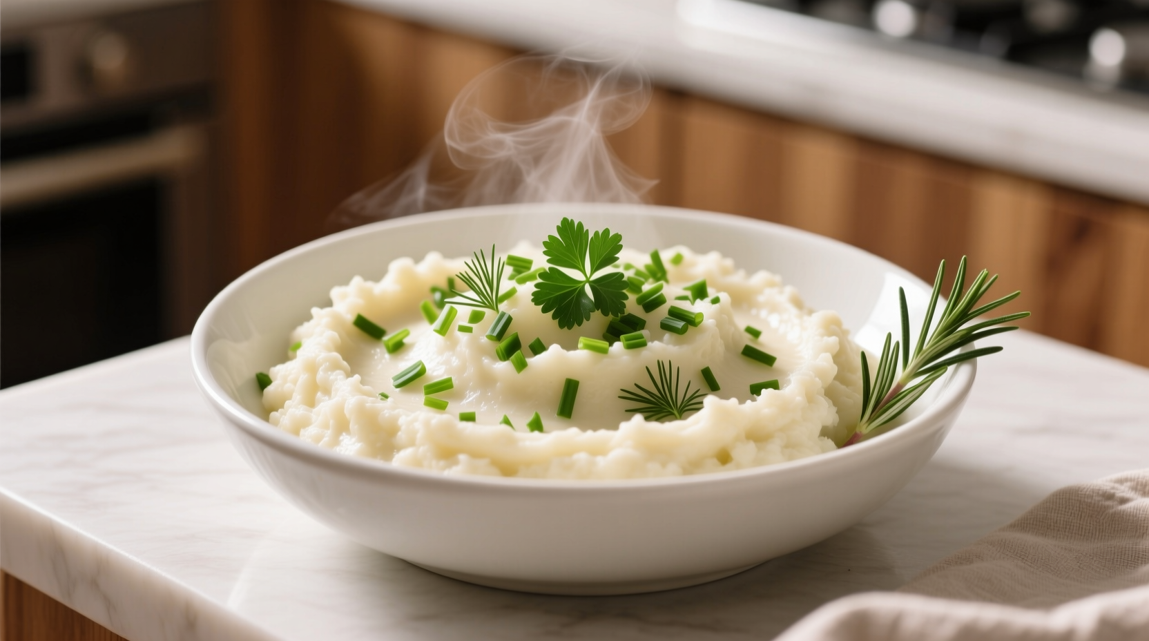 Creamy cauliflower mash in white bowl with fresh herbs