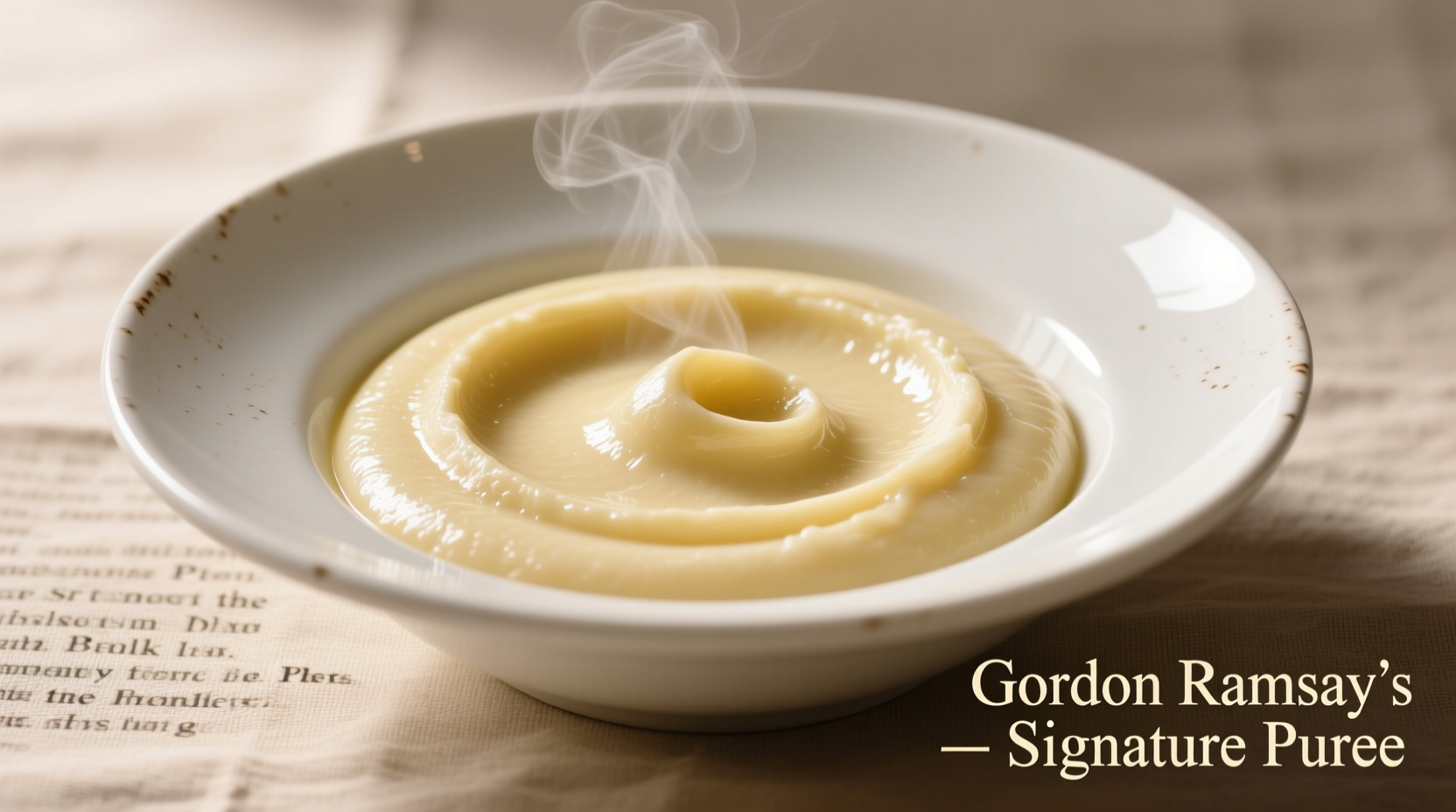 Silky smooth Gordon Ramsay potato puree in white ceramic bowl