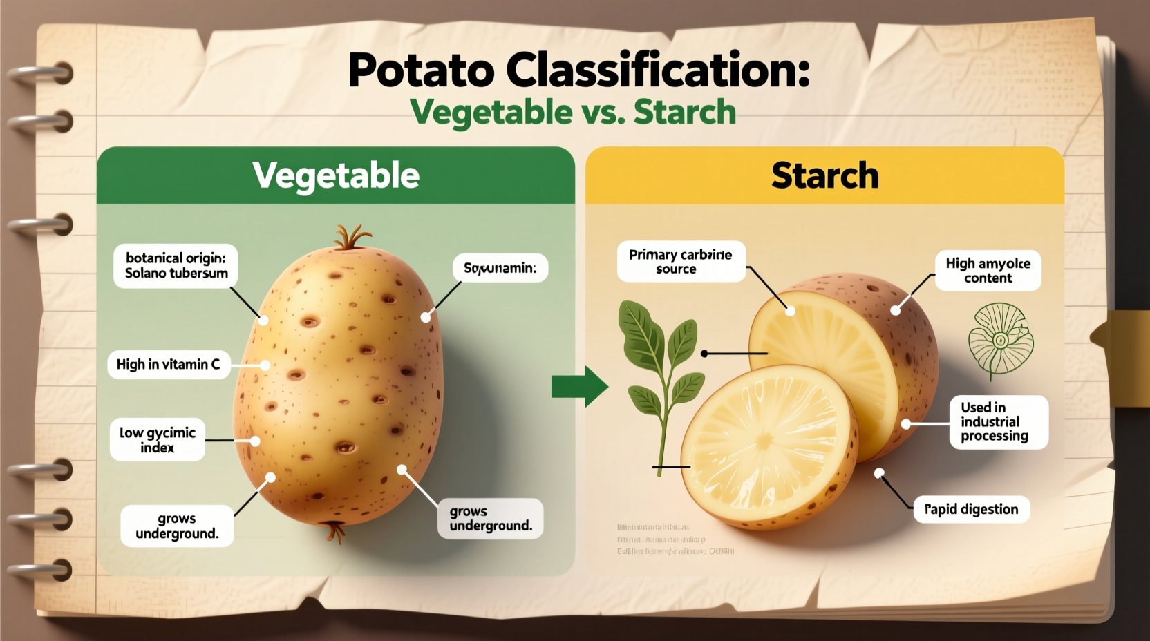 Potato classification comparison chart showing vegetable versus starch