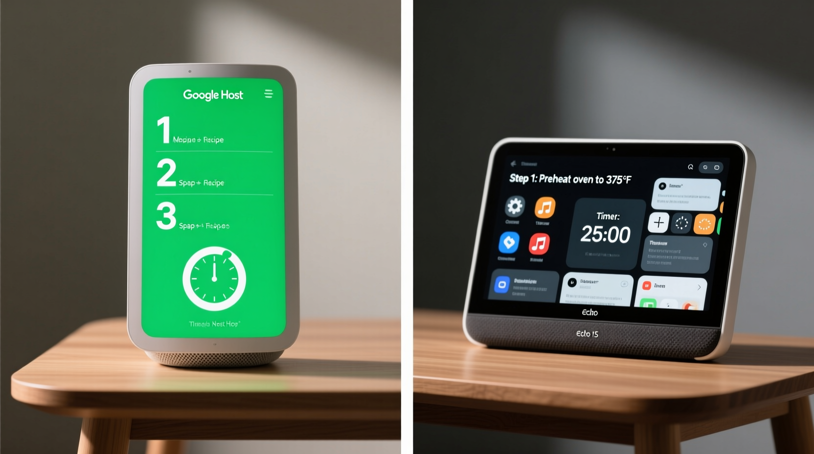 Side-by-side comparison showing Google Nest Hub displaying a clean, vertically stacked recipe with bold step numbers and visible timer, versus Echo Show 15 showing a cluttered interface with overlapping icons, small text, and obscured countdown