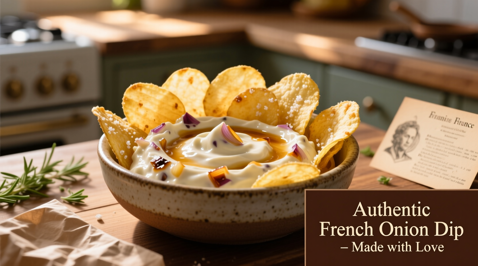 Creamy French's onion dip in bowl with chips
