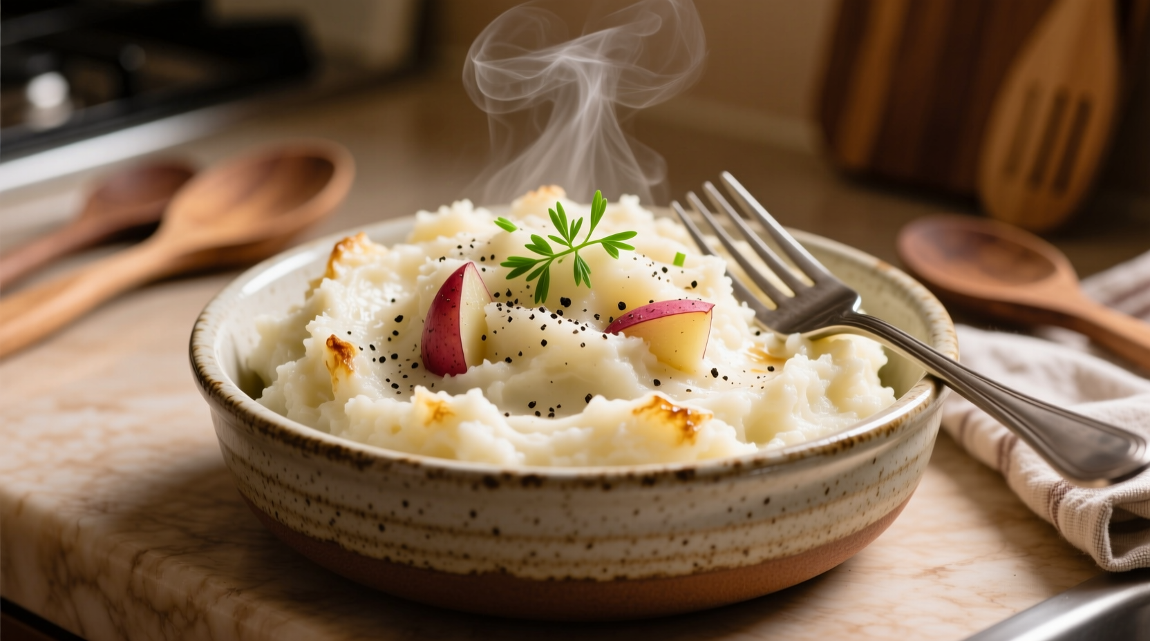 Creamy red potato garlic mashed potatoes in serving bowl