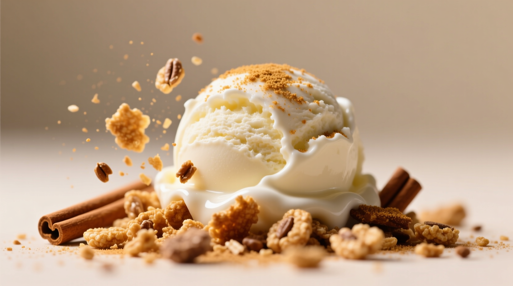 Close-up of Cinnamon Toast Crunch crushed over vanilla ice cream showing textural contrast