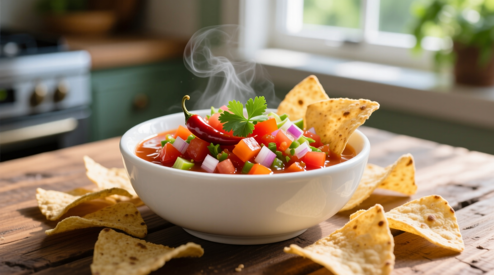 Fresh tomato salsa chipotle in white bowl with tortilla chips