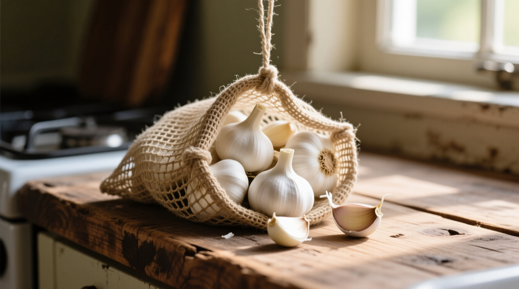 Garlic cloves stored in mesh bag on wooden counter