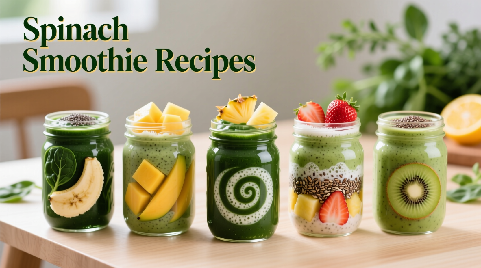 Five vibrant spinach smoothie recipes in mason jars