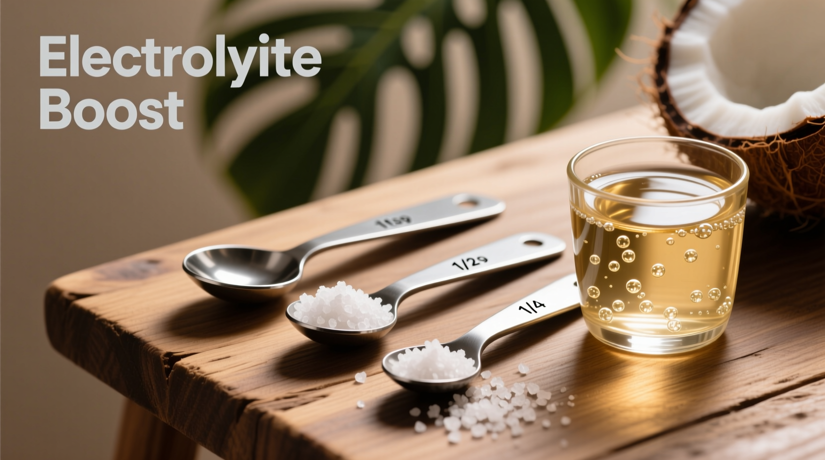 Measuring spoons with salt and coconut water for electrolyte drink