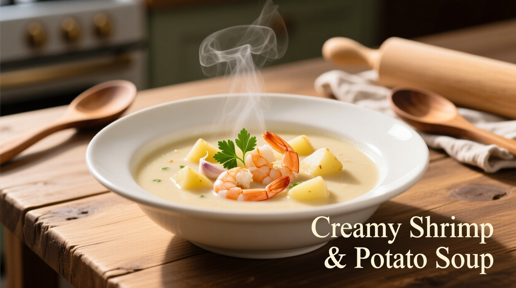 Creamy shrimp potato soup in white bowl