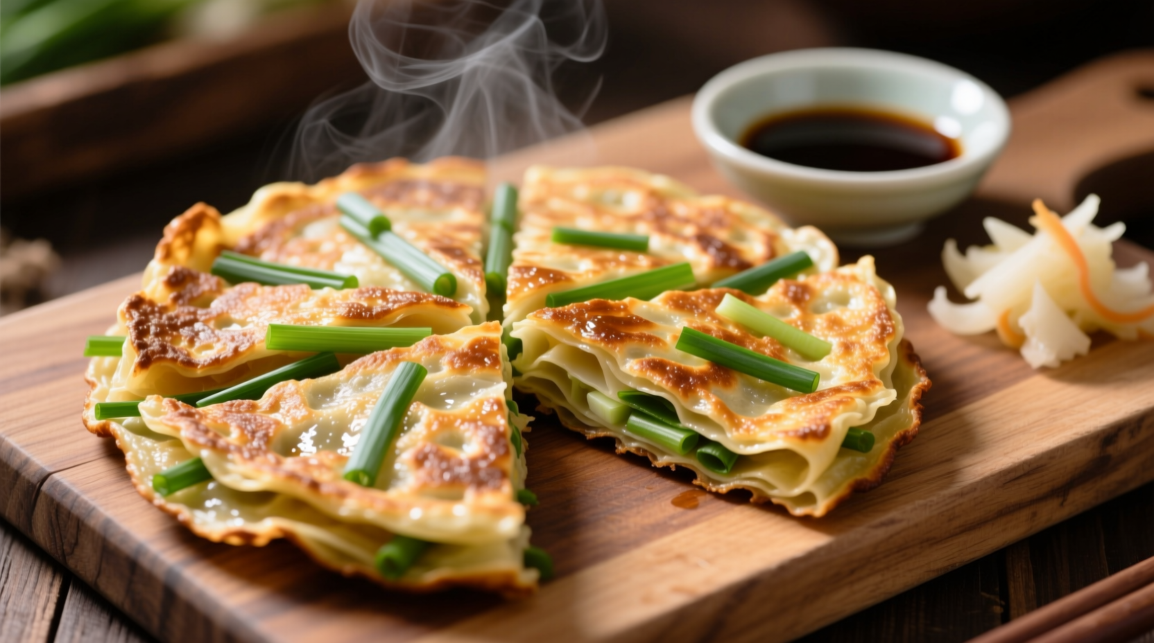 Golden brown green onion pancakes with visible flaky layers