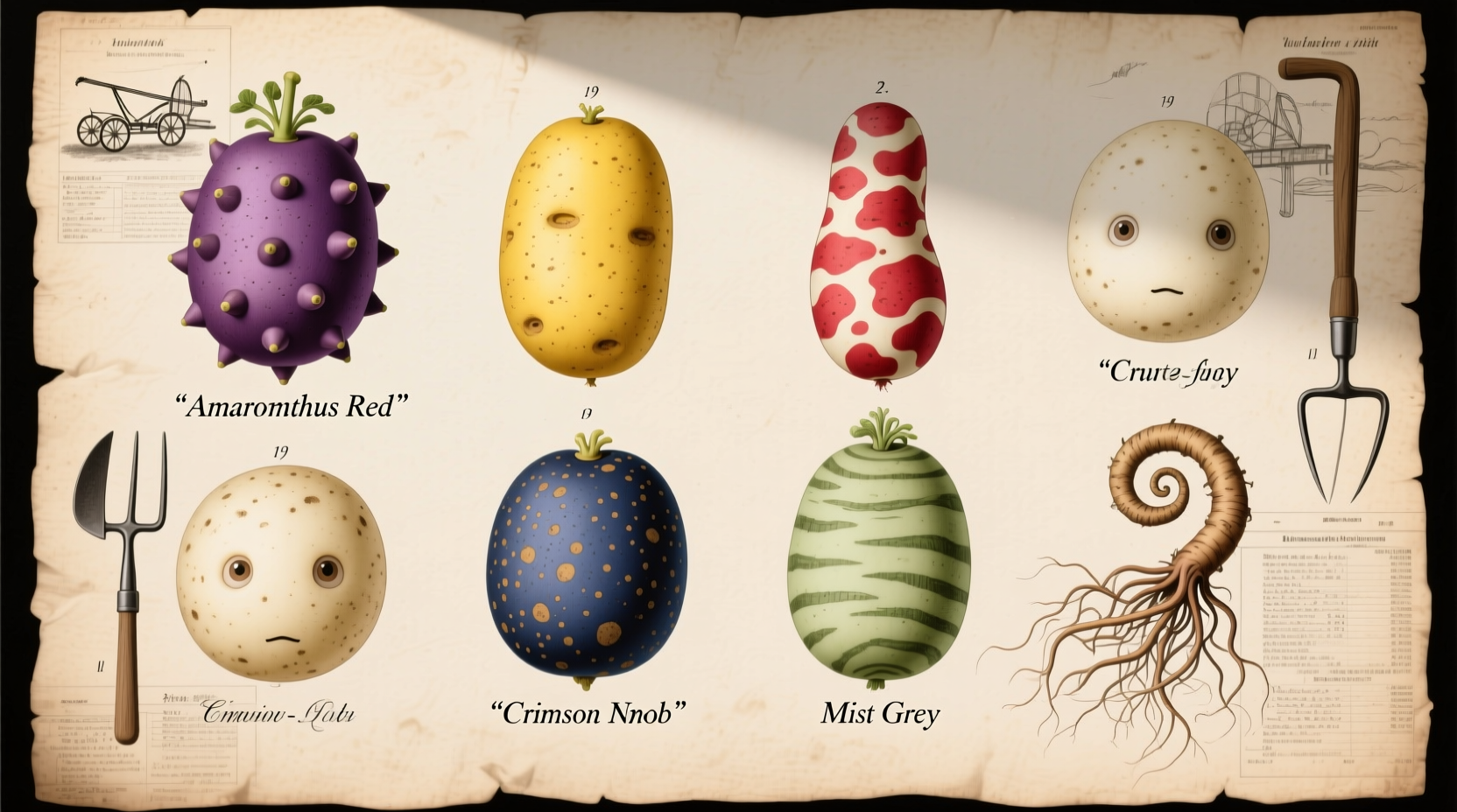 Historical potato varieties in diverse shapes and colors