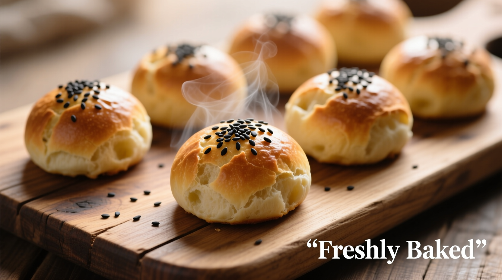 Fresh potato buns with sesame seeds on wooden board