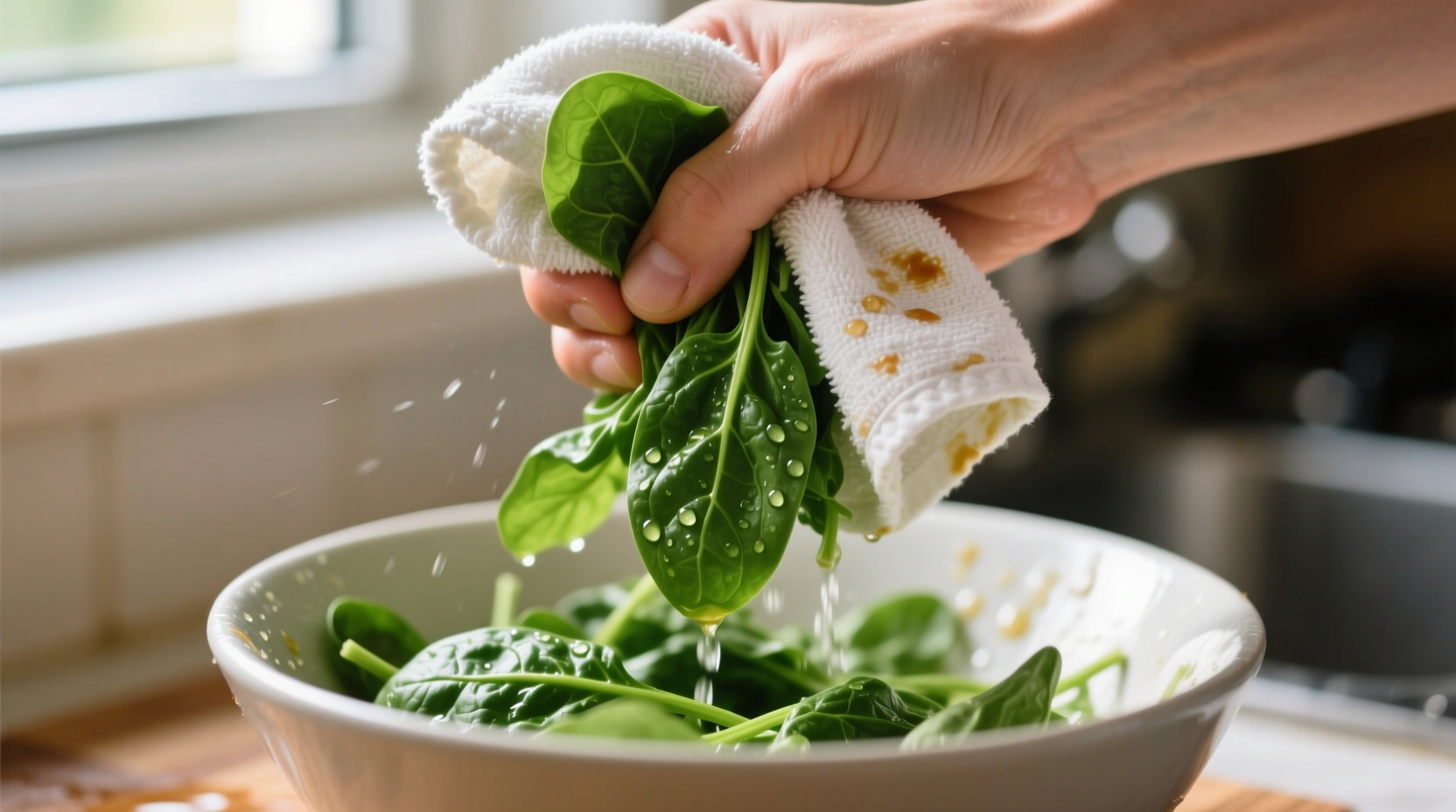 Fresh spinach being squeezed in kitchen towel