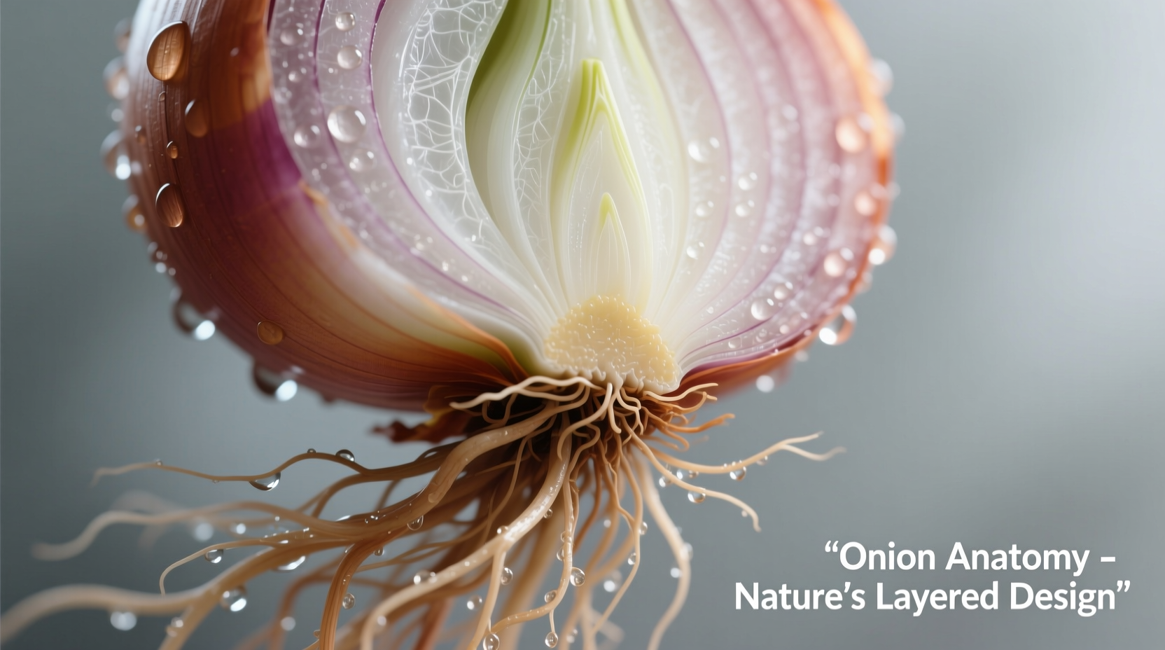 Close-up of onion bulb showing root structure and layers