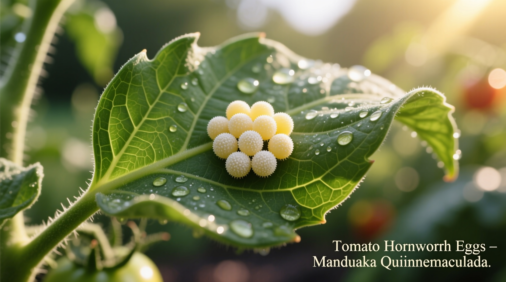Close-up of tomato hornworm eggs on leaf underside