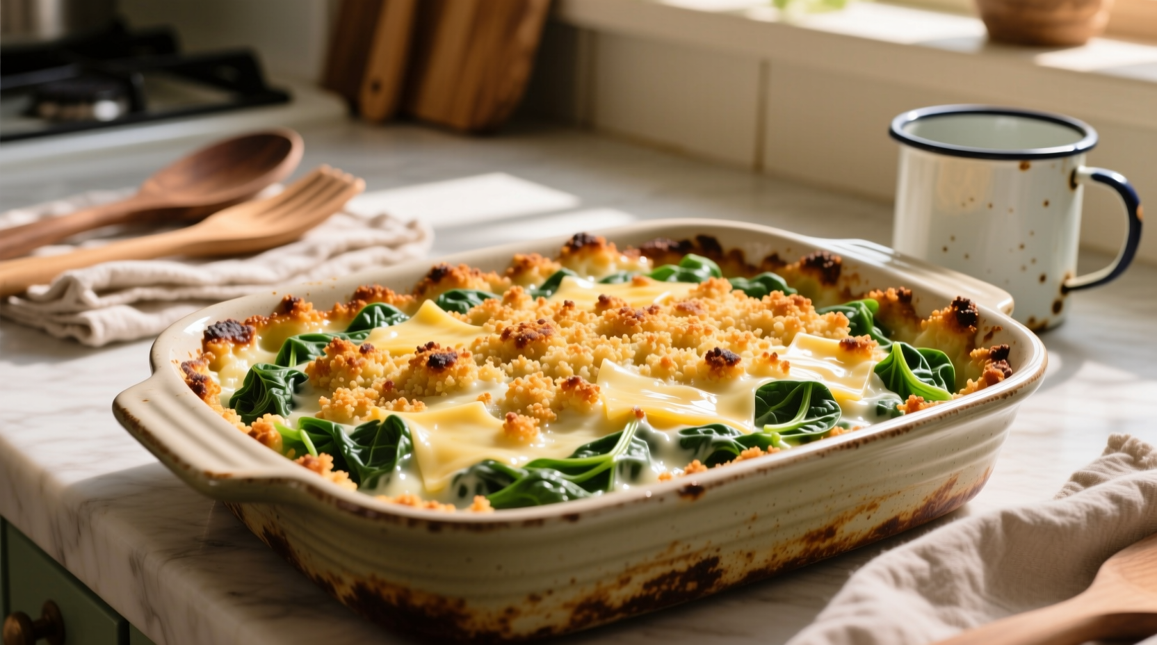 Creamy spinach casserole with golden breadcrumb topping