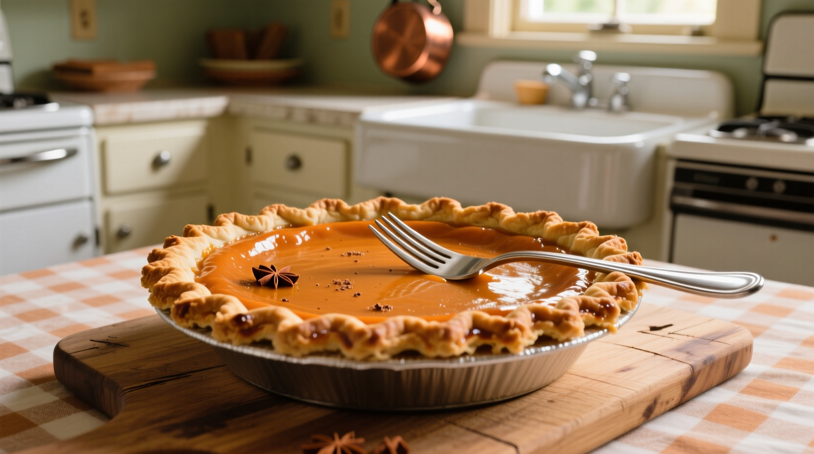 Old fashioned sweet potato pie with golden crust and fork