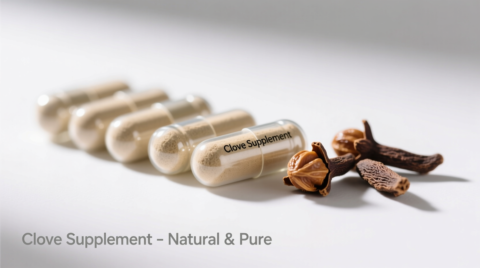 Clove supplement capsules next to whole cloves