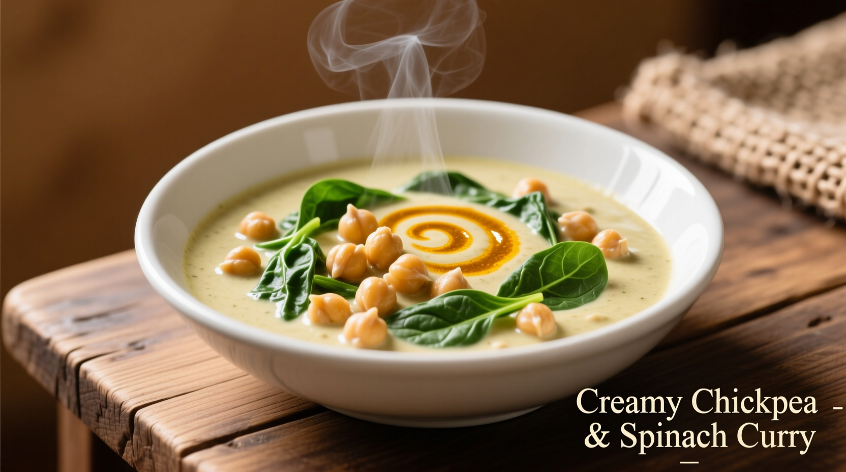 Creamy chickpea and spinach curry in white bowl