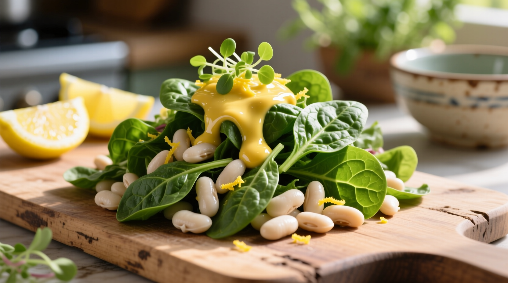 Fresh spinach salad with white beans and lemon dressing