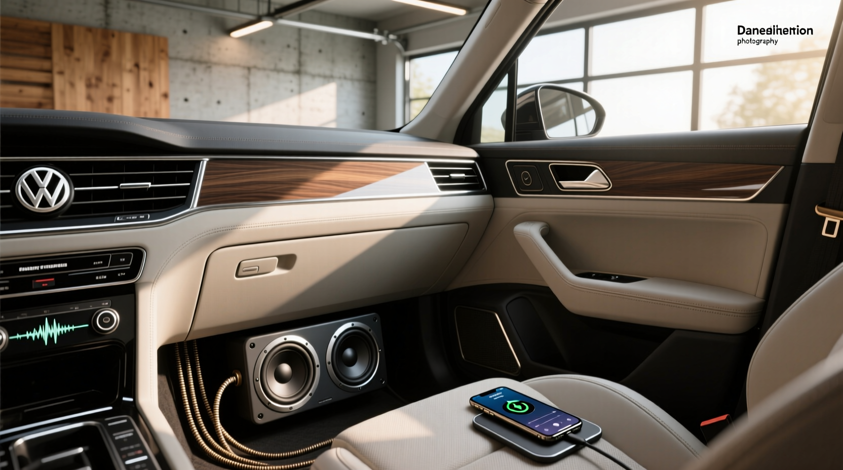 Aftermarket subwoofer enclosure mounted in VW Golf trunk