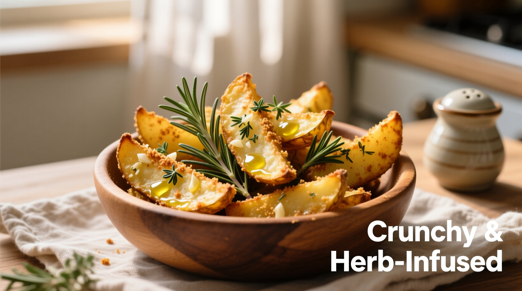 Golden air fried potato wedges with herbs
