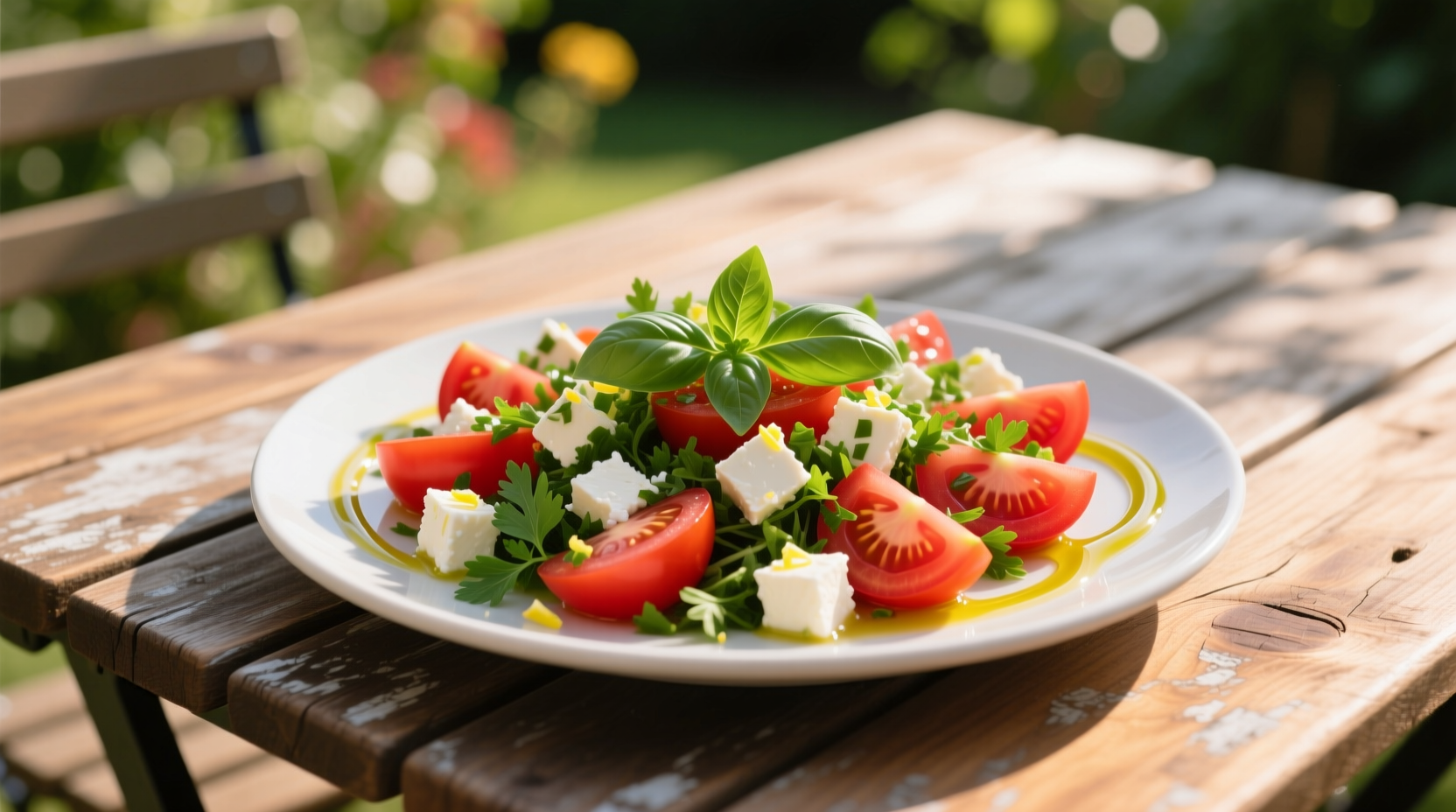 Fresh tomato feta salad with herbs on wooden table