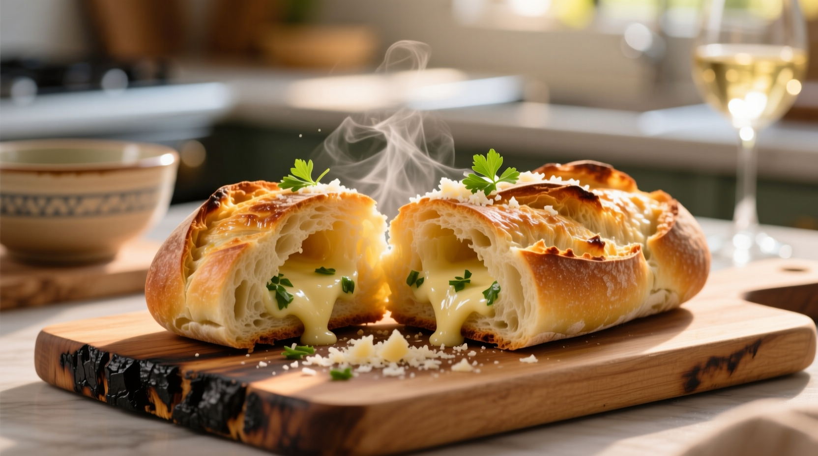 Fresh pull apart garlic bread with golden crust