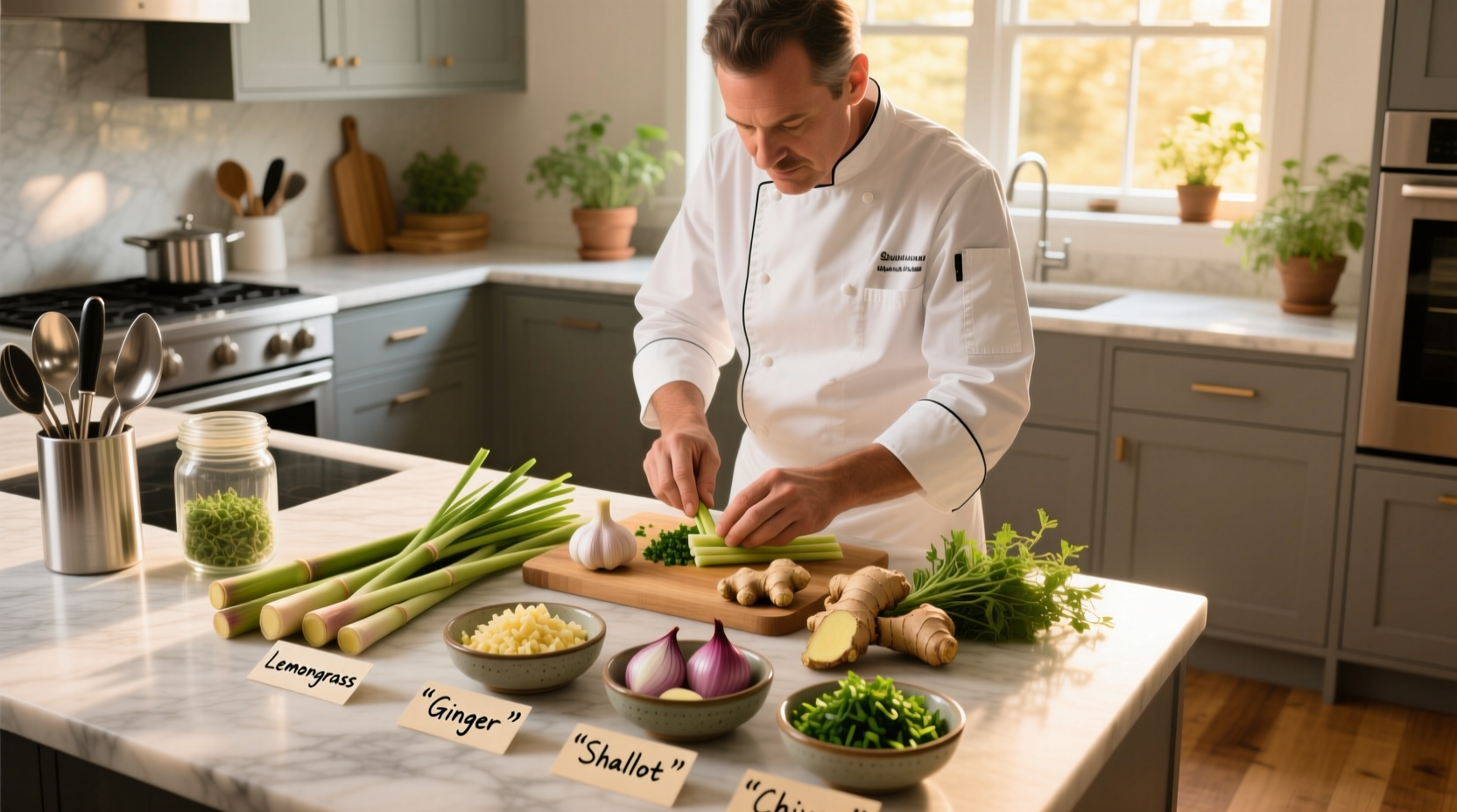 Chef preparing garlic alternatives in kitchen