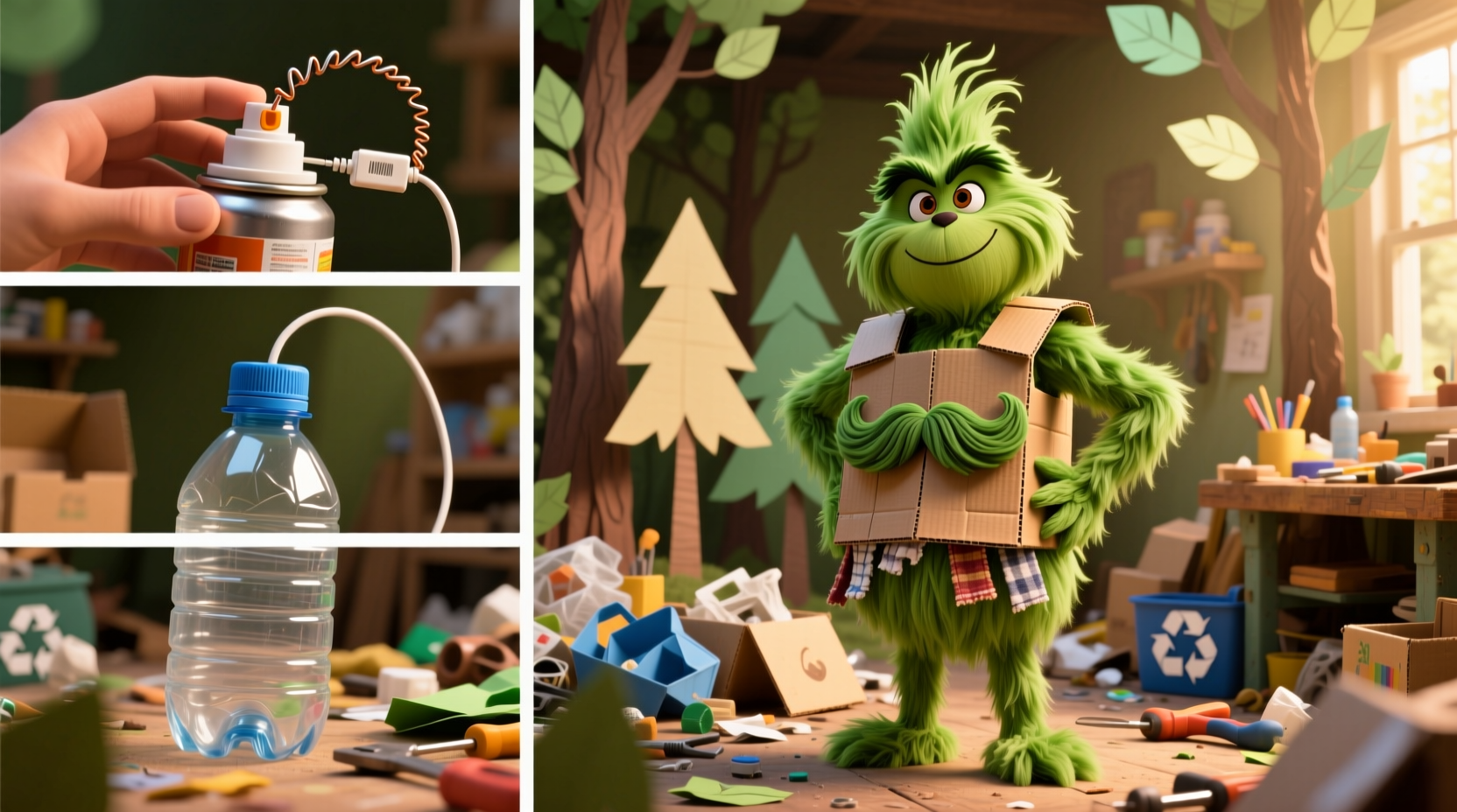 Lorax costume assembly sequence with recycled materials