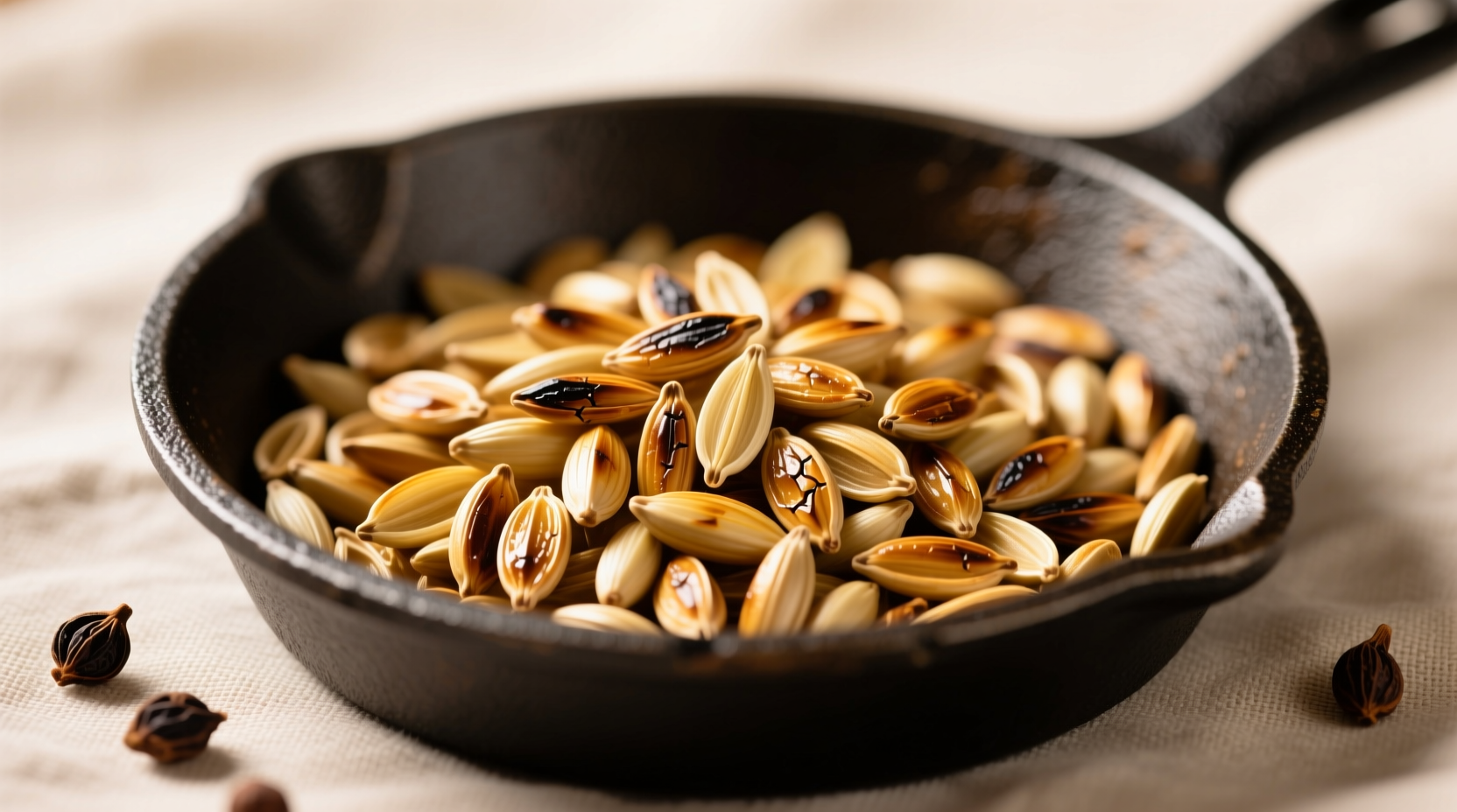 Close-up of fennel seeds in cast iron pan showing perfect golden toast vs burnt seeds