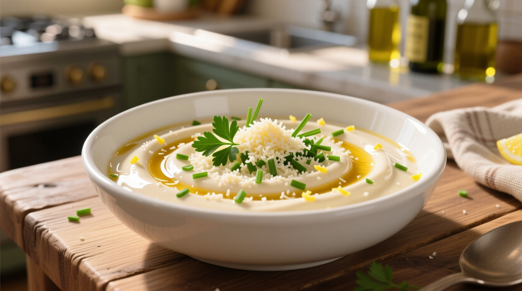 Creamy parmesan garlic sauce in white bowl with fresh herbs