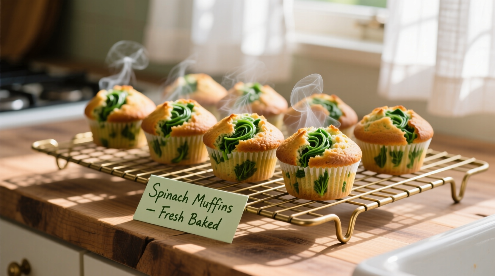 Fresh spinach muffins cooling on wire rack