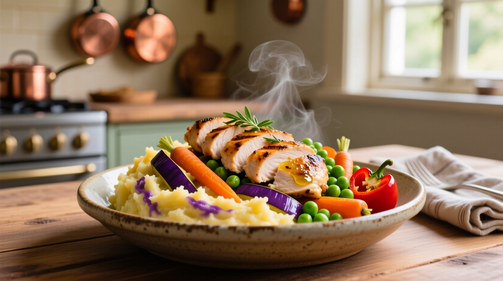 Colorful mashed potato meal with vegetables and protein