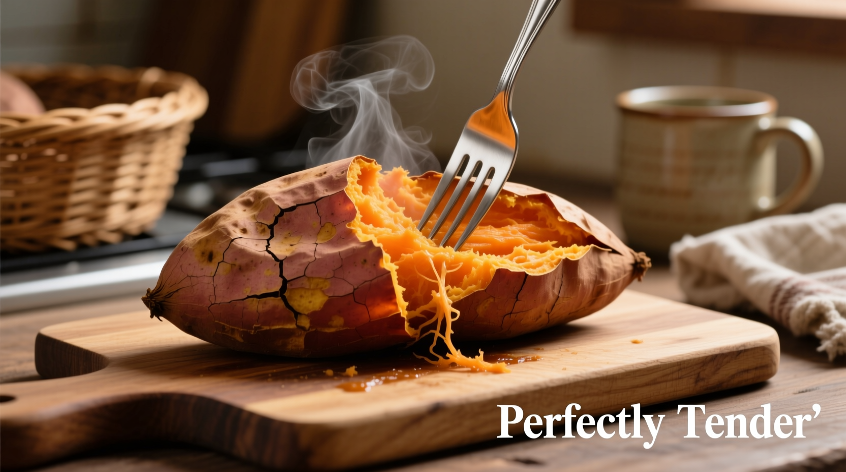 Baked sweet potato showing fork testing tenderness