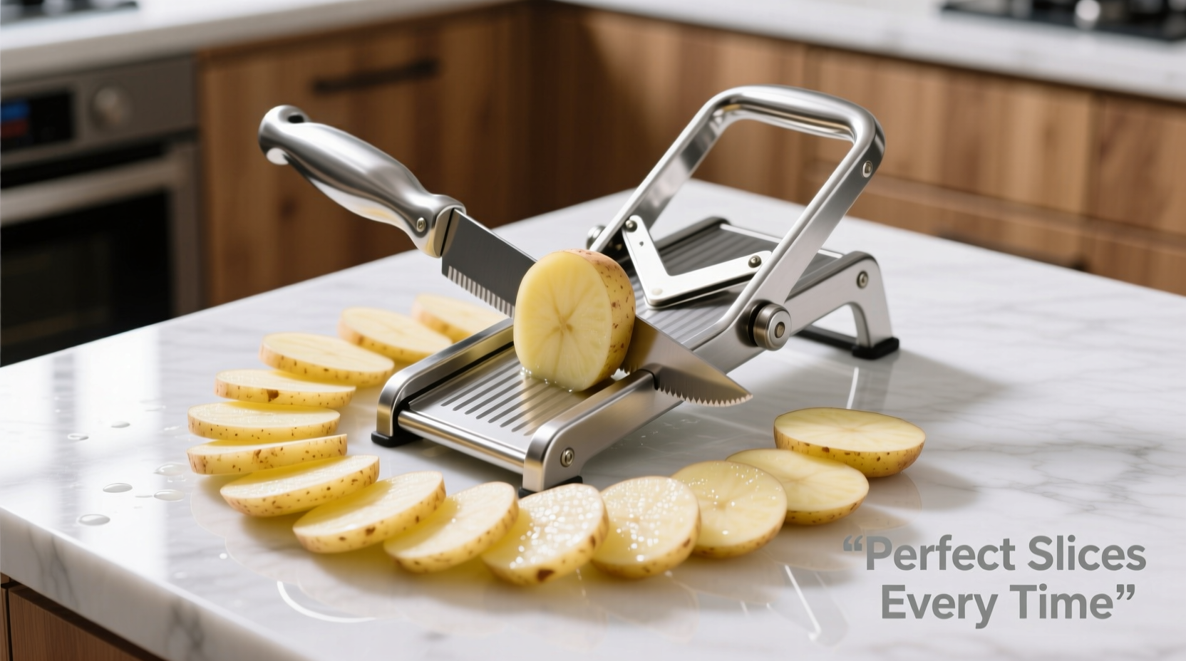 Adjustable mandoline slicer cutting uniform potato slices