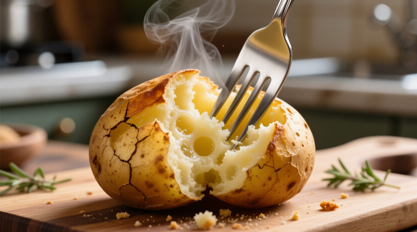 Fluffy baked potato with fork showing perfect texture