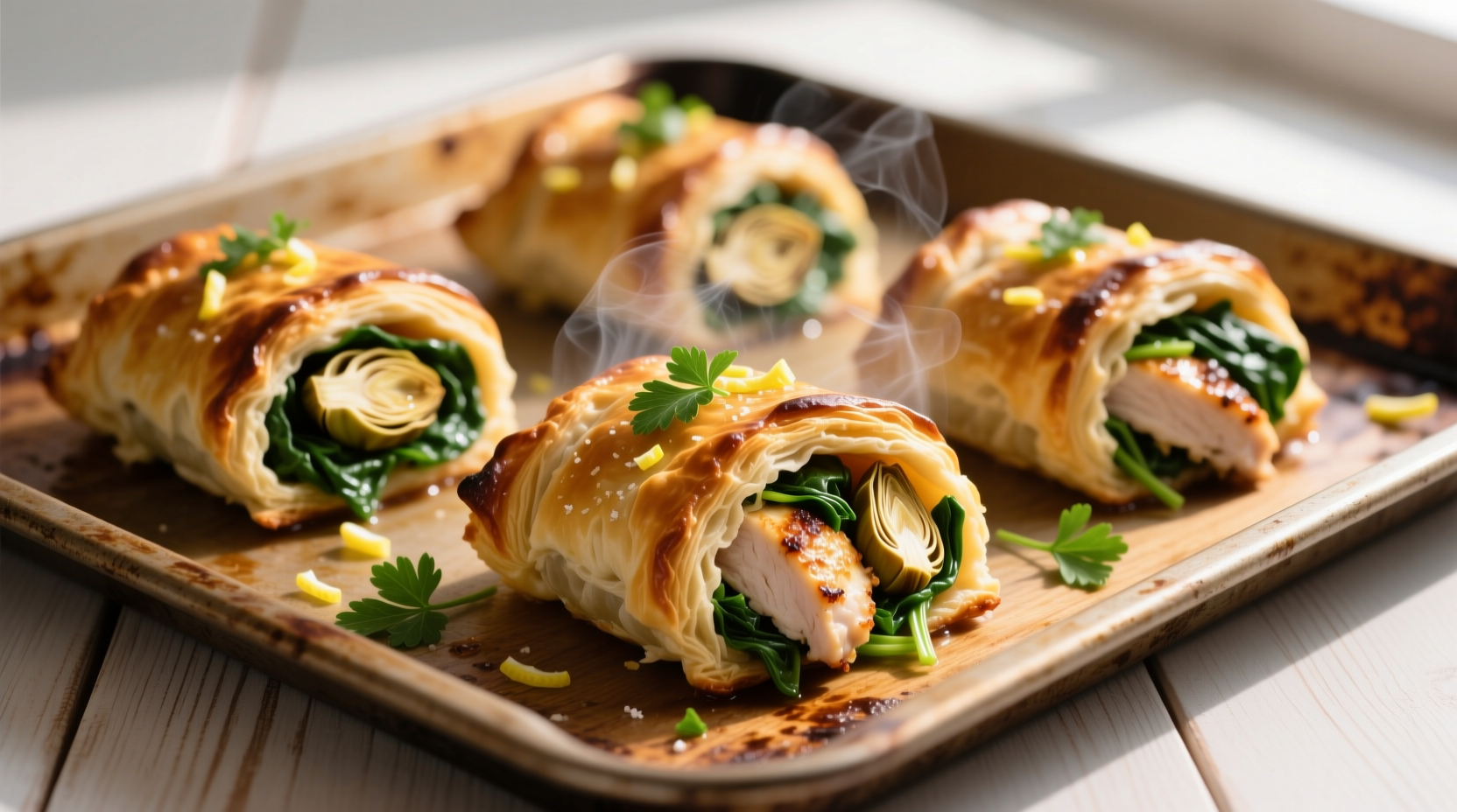 Golden-brown spinach artichoke chicken rolls on baking sheet