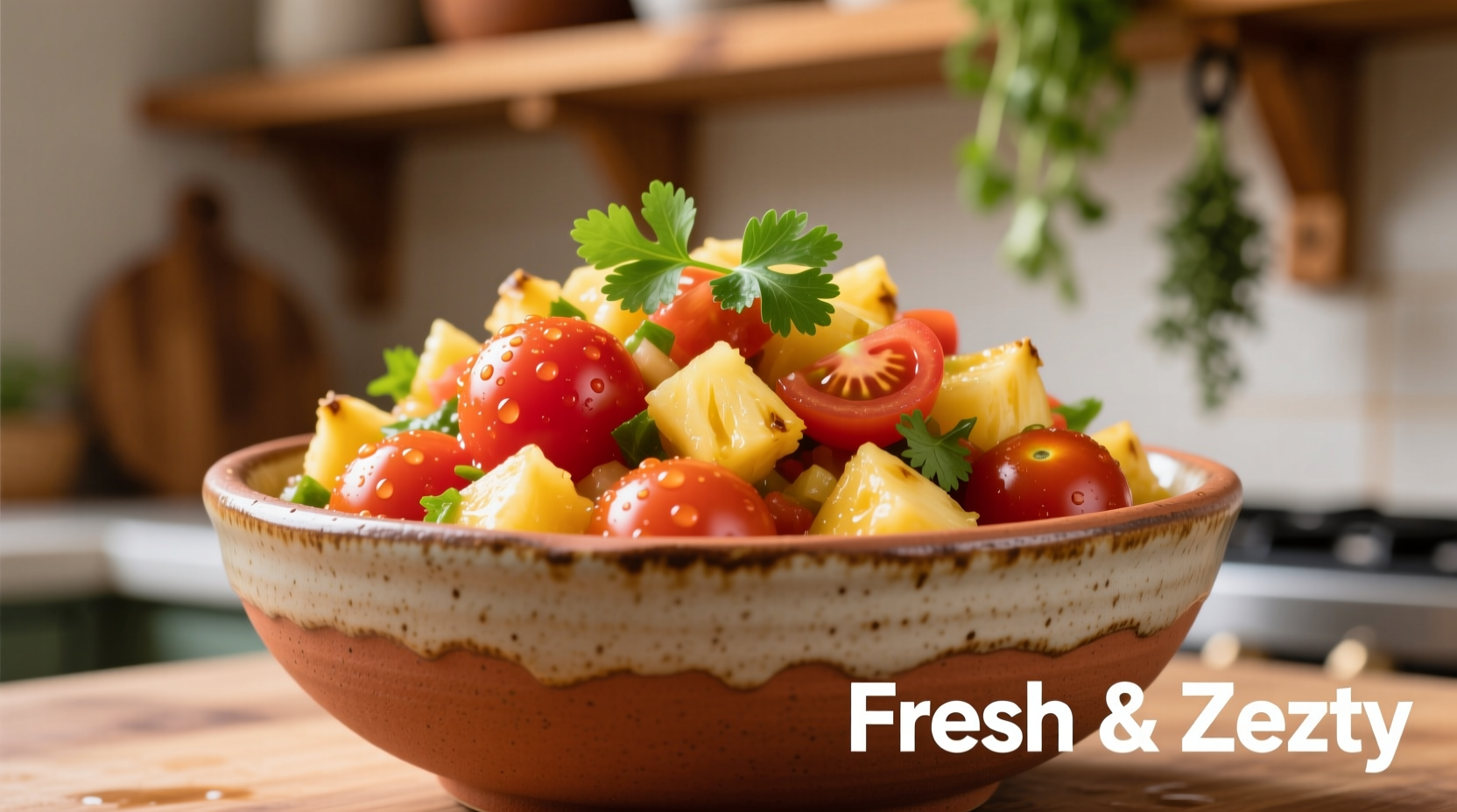 Fresh tomato and pineapple salsa in ceramic bowl